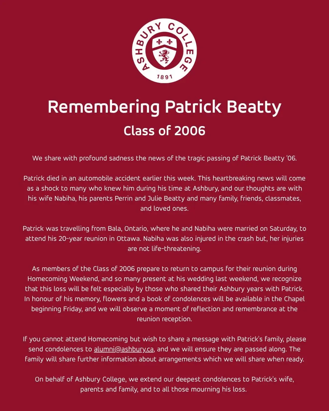 Patrick Beatty Obituary, Cause of Death - Ashbury College Alumnus Dies in Tragic Bala, Ontario Car Accident